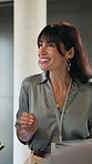 Businesswoman, talk and networking at convention center with tablet, seminar agenda and trade show. Mature person, event organizer and tech at conference with expo feedback, schedule or workshop tips