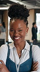 Woman, arms crossed and face in business convention for industry workshop, seminar and lobby. Startup summit, office forum and smile of person for networking event, expo opportunity and meeting