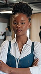 Woman, arms crossed and face in business summit  for industry workshop, seminar and lobby. Startup convention, office forum and smile of person for networking event, expo opportunity and meeting