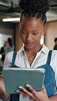Tablet, typing and businesswoman in office with research for creative project with styling information. Digital technology, reading and female fashion designer on app for planning patterns at agency.