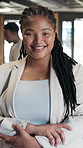 Woman, arms crossed and face in conference for business workshop, industry seminar and lobby. Startup summit, office forum and smile of person for networking event, expo opportunity and meeting