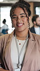 Woman, arms crossed and face in business expo for industry workshop, seminar and lobby. Startup summit, office forum and smile of person for networking event, convention opportunity and meeting
