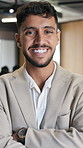 Face, arms crossed and business man in office, about us and finance consultant with job opportunity. Portrait, happy person and investment advisor in company, corporate ambition and confident