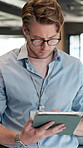 Man, typing and agenda in office with tablet for guest list, review and problem solving. Event planner, reservation and person in workplace with tech, vendor management or reading for venue booking