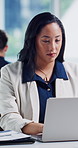 Business, woman and typing with documents on laptop in office for information, analysis or finance. Female person, data capturer or paperwork with computer for company brief, input or accounting