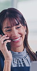 Business woman, phone call and smile in office for advice, feedback or consultation for financial planning. Conversation, laptop and broker in agency for budget review, research or report update