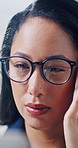 Headache, pressure and woman in office with massage, frustrated or tension with discomfort. Business, inflammation and employee in workplace with migraine pain, burnout or sore head with dizziness. 