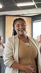 Happy woman, speaker or applause with team for presentation, thank you or well done in office. Female person, coach or smile with group of employees clapping for staff training or speech in workplace