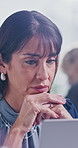 Thinking, business or woman with laptop in office, inspiration or branding idea for digital campaign. Reflection, creativity or mature marketing manager with pc for planning, ads project or research