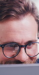 Man, reading and closeup with laptop in office for research, finance report and investigation. Person, glasses and pc reflection for financial assessment, risk management and compliance information