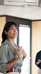 Business, workshop or presenter in circle with motivation, expo or training in skills development. Encourage, mature woman or speaker at seminar with mic, speech or empowerment on professional growth
