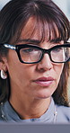 Business, woman and reading with glasses in office for research, email client and resale inquiry. Mature person, eyewear and reflection for real estate, review schedule and price for property auction