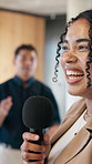 Happy woman, speaker or microphone with applause for presentation, group speech or seminar. Female person, workshop or thank you with team or employees clapping for conference, coaching or tradeshow