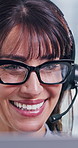 Call center, glasses and woman in office with headset, contact us or outbound sales in online communication. Tech, mic and mature agent with specs, lead generation or telemarketing in crm service.