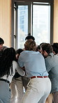 Happy, business people or team with hands together in huddle for group success or office conference. Excited, employee or colleagues piling with stack or applause for celebration, unity or solidarity