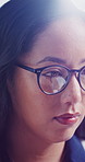 Woman, programmer and coding with glasses in office for software development or design. Female person, IT service or UI designer with vision for new app, troublshooting or programming in workplace