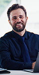 Happy, face and man on laptop in office for claims management, coverage request and research. Portrait, insurance broker and tech at agency for risk assessment, renew client policy and about us pride
