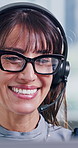 Call center, specs and woman in office with headset, contact us or outbound sales in online communication. Happiness, mic or mature agent with glasses, lead generation or telemarketing in crm service