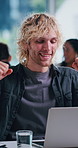 Success, editing or programmer in office with laptop, bug fix or good news in coding review. Business, happy or software developer with achievement, IT research or feature approval in tech agency.