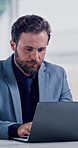 Review, business and man with laptop in office, check report and investment proposal for approval. Reading, computer or manager with funding sanction for trading project, research or asset management