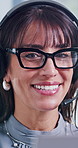 Call center, specs and woman in agency with headset, contact us or outbound sales in online communication. Friendly, mic or mature agent with glasses, lead generation or telemarketing in crm service.