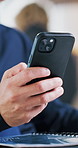 Business, typing or hands in office with phone, agenda change or online conversation for project. Digital, chat or employee in agency with tech, schedule update or communication in report feedback.
