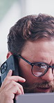 Businessman, phone call and smile in office for advice, feedback or consultation for financial planning. Glasses, laptop and broker in agency for budget review, research pitch or report update
