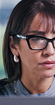 Business, glasses and woman in office, reading and accountant with budget report. Mature person, employee and financial advisor in workplace, bookkeeping and audit for review taxes or online research
