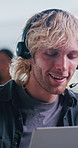Laptop, contact us or man in call center for technical support, network troubleshooting or help. Headset, computer or happy person in office for customer service, IT or internet connection feedback