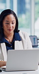 Review, laptop and business woman in office, report evaluation and investment proposal for approval. Reading, pc and manager with funding sanction for trading project, research and asset management