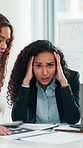Frustrated, woman and anxiety with workload in office for multitasking deadline, chaos or panic. Portrait, female person or overwhelmed with stress, employees or documents in timelapse for pressure
