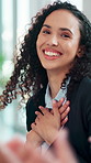Happy woman, meeting or thank you with applause for congratulations, promotion or bonus in office. Female person, employee or team clapping with smile for achievement or business success in workplace