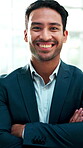 Arms crossed, face and happy with lawyer man in office for legal aid, council or representation. Confidence, law firm and legislation with advocate laughing at agency for court case, hearing or trial