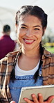 Face, woman and farmer with tablet outdoor for agriculture, inspection and checklist for growth. Portrait, person and digital app for food production, online assessment and quality control of harvest