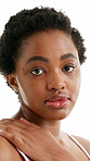 Glow, skincare and face of black woman in studio for self care, aesthetic and beauty. Clean, dermatology or collagen rejuvenation with person on white background for shine, smooth skin and hydration