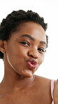 Pout, skincare and face of black woman in studio for self care, aesthetic and glow. Smile, dermatology or collagen rejuvenation with person on white background for shine, smooth skin and hydration