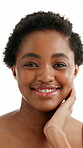 Smile, skincare and face of black woman in studio for self care, aesthetic and glow. Beauty, dermatology or collagen rejuvenation with person on white background for shine, smooth skin and hydration