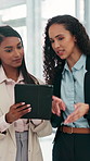 Tablet, meeting and business women in office with research on finance forecasting for investment. Digital technology, discussion and financial advisors with online feedback for budget prediction.