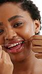 Black woman, face and floss with smile in studio for oral care, hygiene or cleaning on white background. African person, dental product and string for gums, teeth or dirt with plaque removal in Kenya
