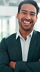 Arms crossed, face and laughing with lawyer man in office for legal council or representation. Funny, law firm and legislation with confident attorney at agency for court case, hearing or trial