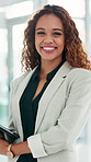 Face, happy and tablet with woman lawyer in office for legal aid, council or representation. Law firm, legislation and technology with advocate laughing at agency for court case, hearing or trial