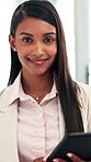 Face, research and tablet with woman lawyer in office for legal aid, council or representation. App, law firm and legislation with happy attorney at agency for court case, hearing or trial planning