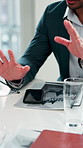Hands, planning and business man in office meeting for marketing proposal, idea and strategy. Discussion, marketer and person in workplace for advertising project, campaign and progress update