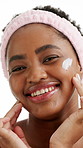 Skincare, cream and face of black woman laugh for anti aging, collagen and skin hydration. Dermatology, portrait and person with lotion for moisturizer, cosmetics and beauty on studio background