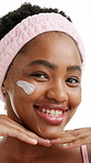 Skincare, dance and face of black woman with cream for anti aging, collagen and hydration. Dermatology, portrait and happy person with lotion for moisturizer, cosmetics and beauty on white background