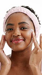 Skincare, cream and face of black woman in studio for self care, beauty treatment and glow. Dermatology, cosmetics and lotion with female person white background for facial, smile and grooming