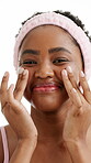 Skincare, smile and face of black woman in studio for self care, beauty treatment and glow. Dermatology, cosmetics and shine with female person white background for facial, hydration and grooming