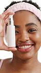 Cream, skincare and face with black woman in studio for beauty cosmetics, dermatology or self care. Lotion, glow and grooming with person on white background for hydration, collagen and moisturizer