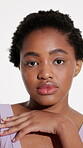 Serious, skincare and face with black woman in studio for beauty, dermatology or self care. Shine, glow and grooming with female person on white background for hydration, collagen and clear skin