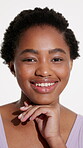 Beauty, face and girl with skincare in studio for healthy skin, natural glow and hydration. Dermatology, black person and smile on white background for acne treatment results, radiance and self care